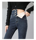 Winter Warmth: High Waist Fleece Jeans for Women – Classic Black, Slim Fit