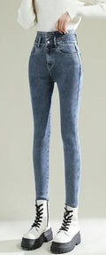 Winter Velvet Skinny Jeans: High Waist, Keep Warm, Vintage Blue