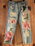 Varanda® Floral Print High Waist Blue Straight Jeans Wide Baggy Leg