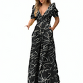 Varanda® Jumpsuit Plaid Print Wide Leg Loose Lady Jumpsuit Tight Waist Deep V Neck