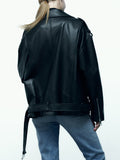 Varanda® Leather Jacket with Belt Spring Autumn Women Zipper Jacket