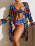 3-Piece Beachwear Set: Push-Up Bikini + Long-Sleeved Mesh Smock in Various Colors