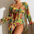 Floral Three-Piece High Waisted Bikini Set 2024: Sexy Swimsuit with Mesh Blouse