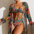 3-Piece Beachwear Set: Push-Up Bikini + Long-Sleeved Mesh Smock in Various Colors