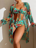 3-Piece Beachwear Set: Push-Up Bikini + Long-Sleeved Mesh Smock in Various Colors