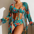 Floral Three-Piece High Waisted Bikini Set 2024: Sexy Swimsuit with Mesh Blouse