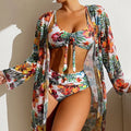 3-Piece Beachwear Set: Push-Up Bikini + Long-Sleeved Mesh Smock in Various Colors